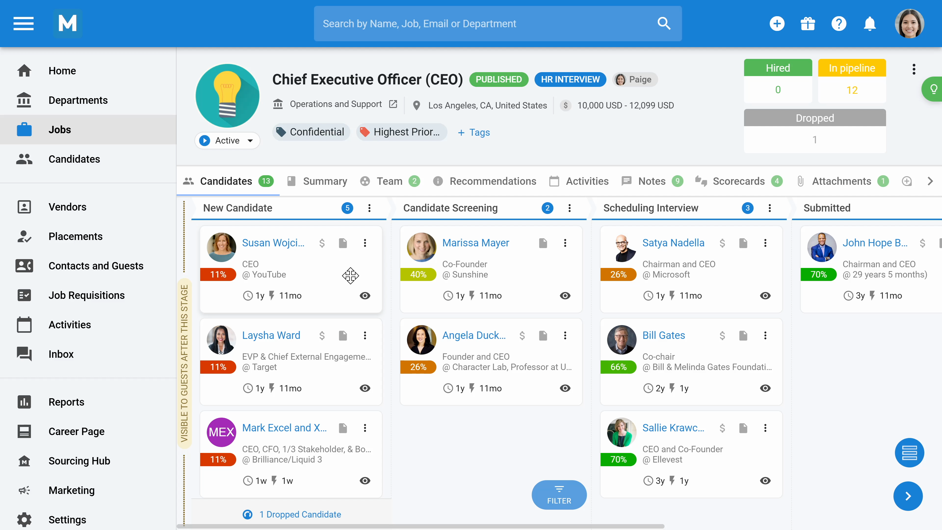 High Altitude Partners client portal showing real-time search pipeline with candidates across every stage.